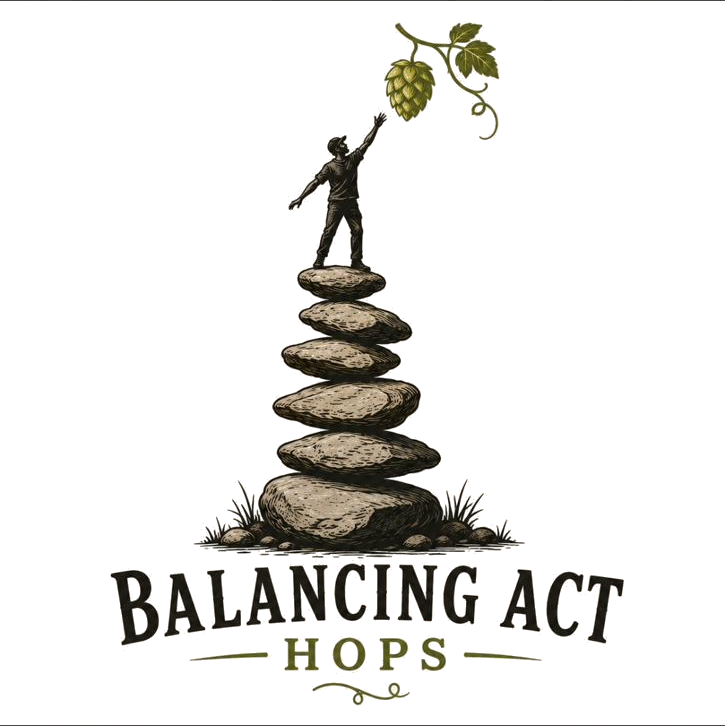 Balancing Act Hops LLC logo – figure reaching for hop cone atop stacked stones