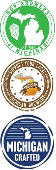 Hop Growers of Michigan, Support Your Local Michigan Brewery, and Michigan Crafted certification badges